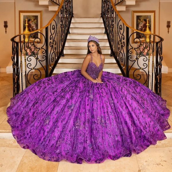 Фиолетовое блестящее бальное платье в форме сердца, расшитое бисером платье Quinceanera, платье принцессы на бретельках, корсетные платья, аппликации, кристаллы, Vestidos De 15