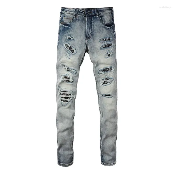 Jeans da uomo EU Drip Denim Blu chiaro Baffi Costole effetto consumato Patchwork Slim Fit Fori danneggiati Stretch Graffiato Strappato