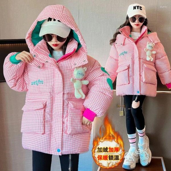 Casaco de inverno com capuz, roupas para meninas, jaqueta infantil, acolchoado de algodão, parka, casaco grosso, quente, confortável, casual