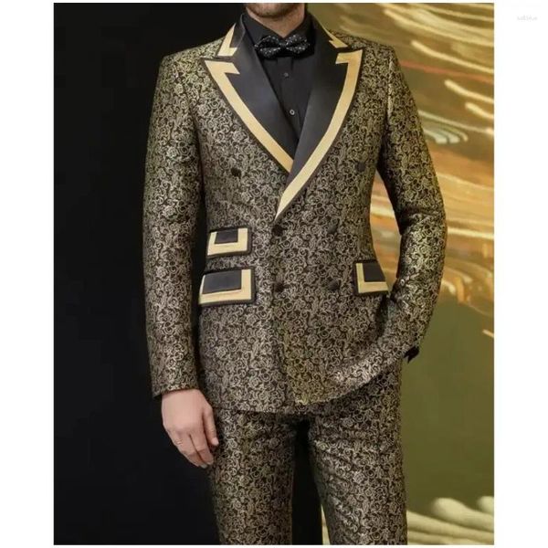 Abiti da uomo Abito da arrivo 2 pezzi con tubazioni in oro nero stampato Abiti da uomo Abiti da sposo smoking da festa Blazer da giacca