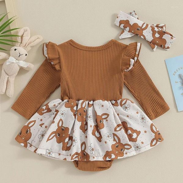 Kleidungssets Kleinkind Baby Mädchen Ostern Outfit Langarm Rundhalsausschnitt Blumendruck A-Linie Strampler Kleid mit Stirnband Kleidung