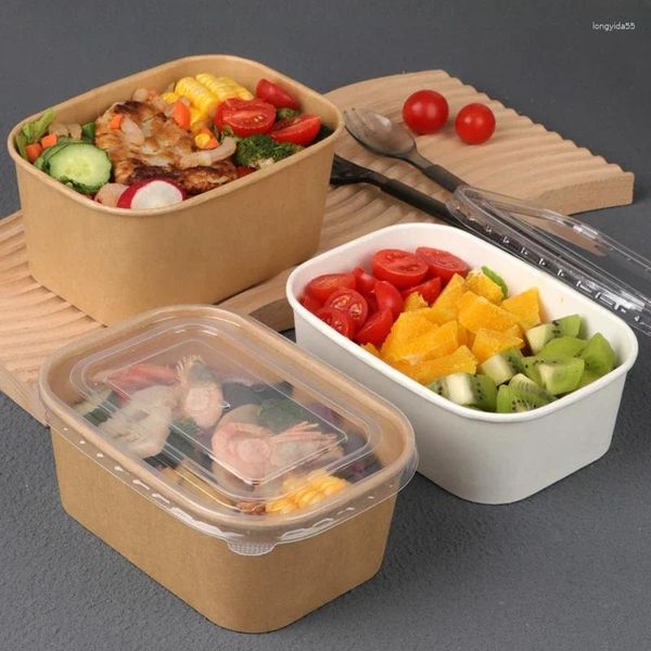 Aufbewahrungsbeutel 50 Stück Einweg-Lunchboxen aus Kraftpapier Dicke rechteckige Takeout-Bento-Box Lebensmittelqualität Mikrowellen-Wärmeverpackung mit Deckel