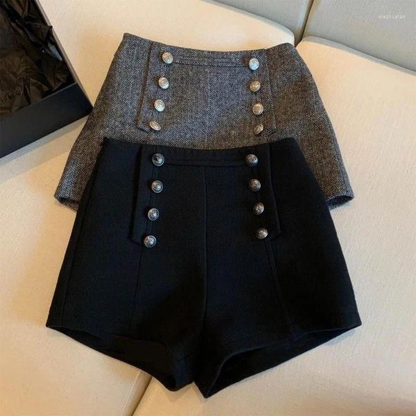 Calças meninas 2024 outono/inverno retro padrão espinha de peixe shorts de lã moda elástica cintura alta botão duplo outwear