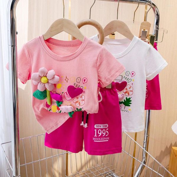 Set di abbigliamento Set da 2 pezzi per ragazza Dolce applique a fiori 3D Top in tessuto di puro cotone morbido e sano Pantaloncini versatili al ginocchio rosa 2 pezzi