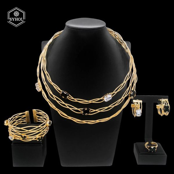 SYHOL 24K Original Frauen Luxus Schmuck Set Klassische Schwarz Weiß Strass Vergoldet Halskette Armband Bijoux 240202