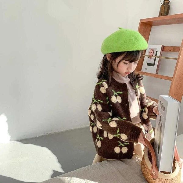 Giacche Abbigliamento per bambini Cappotto per bambina Maglione vintage in ciliegio Cardigan Autunno Inverno Stile coreano monopetto ispessito