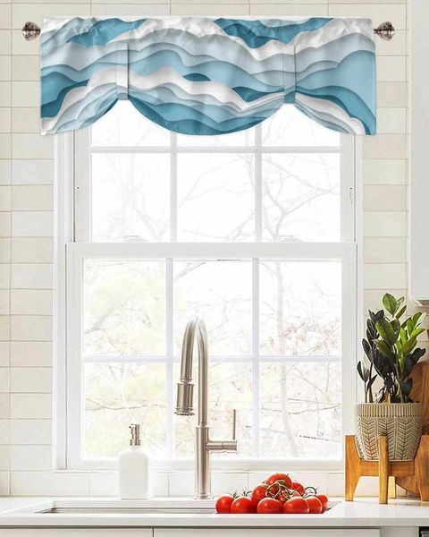 Vorhang, Meereswellen, Spray, blauer Farbverlauf, kurzes Fenster, verstellbarer Volant zum Binden, für Wohnzimmer, Küche, Vorhänge