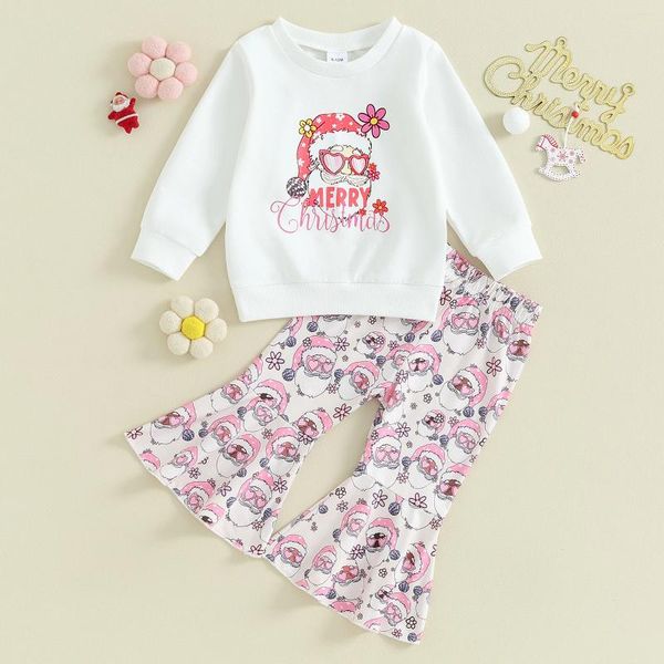 Комплекты одежды CitgeeОсенние рождественские детские штаны для маленьких девочек, белый свитшот с длинными рукавами, топы, расклешенная одежда с принтом Санта-Клауса