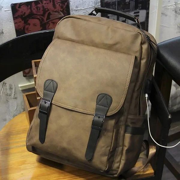 Mochila Vintage PU Couro Masculino Bolsa Moda Moda Escola USB Recarregável Computador Casual