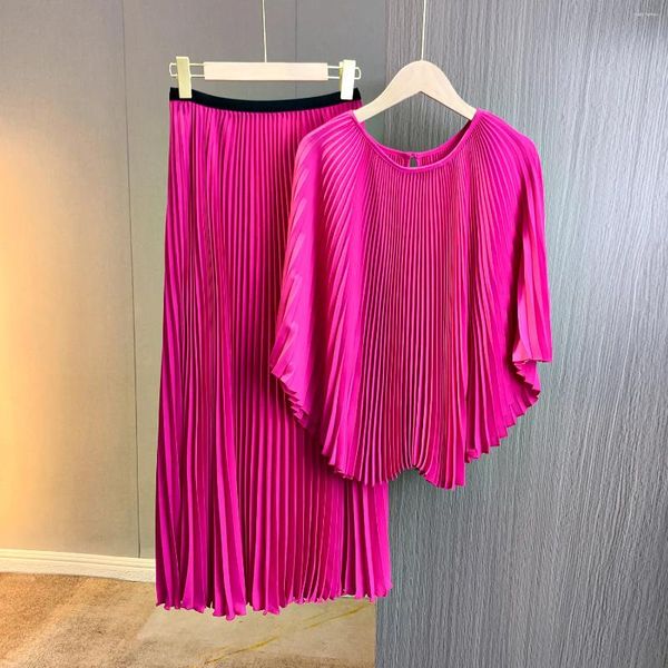 İş Elbiseleri Miyake High End Kadınlar 2024 İlkbahar ve Sonbahar Sezonu Şifon Gömlek İnce Gevşek Boyut Bat Sleeve Pelerin T-Shirt Set Etek