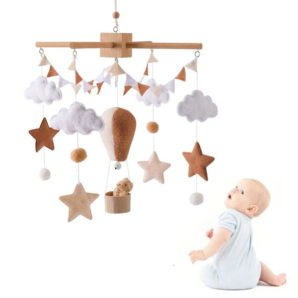 Bebê berço móvel cama de madeira sino chocalho brinquedo macio sentiu balão de ar vento carrilhão pingente nascido conforto cama sino brinquedos presente do bebê 240118