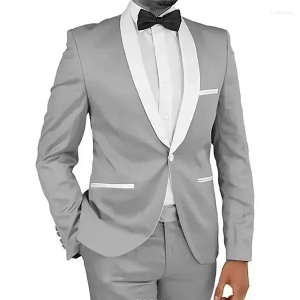 Ternos masculinos cinza branco emenda xale lapela jaqueta calças ajuste fino único breasted alta qualidade 2 peças roupas blazer de negócios