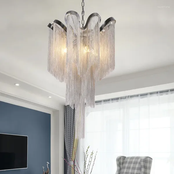 Lâmpadas pendentes incluídas com lâmpada LED Pós-moderno metal alumínio borla lâmpada em forma de flor E14 chapeado candelabro cromado para sala de jantar