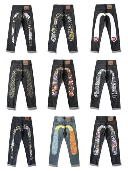 Pantaloni a vita bassa giapponesi retrò hip-hop con stampa di moda Jeans High Street per il tempo libero Pantaloni slim dritti con cuciture con stampa ricamata 240122