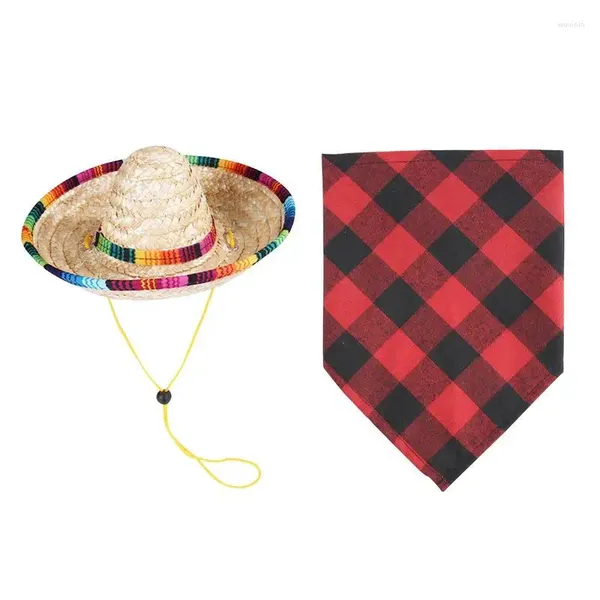 Cão vestuário pet palha chapéu engraçado sombrero bonés mexicano conjunto de toalha lavável gato cachecol acessórios xadrez boca decorações de festa