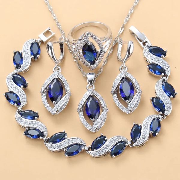 925 mark prata cor vestido de casamento acessórios feminino colar de noiva e brincos conjuntos de jóias zircão azul pulseira anel conjuntos 240118