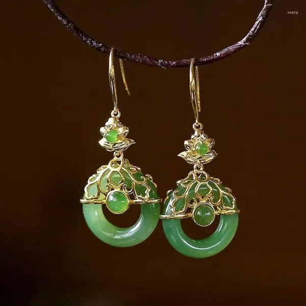 Baumelnde Ohrringe aus natürlicher Hetian-Jade, grüne Sicherheitsschnalle, S925-Sterlingsilber, vergoldetes Jaspis-Ornament für Damen