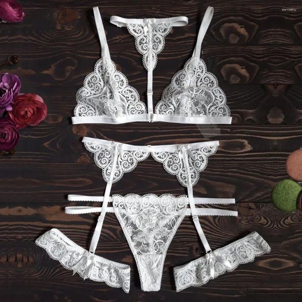 Conjuntos de sutiãs halter sem fio conjunto de sutiã mulheres rendas lingerie fina leve tanga perna anel roupa interior collants lingeries para mulher