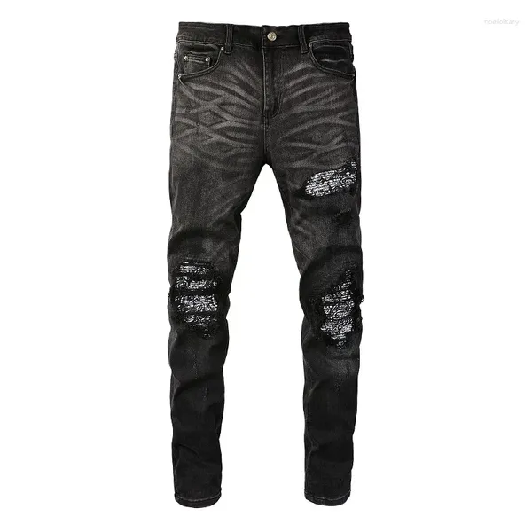 Jeans da uomo neri invecchiati fori distrutti bandana patchwork gocciolamento italiano slim fit elasticizzato strappato