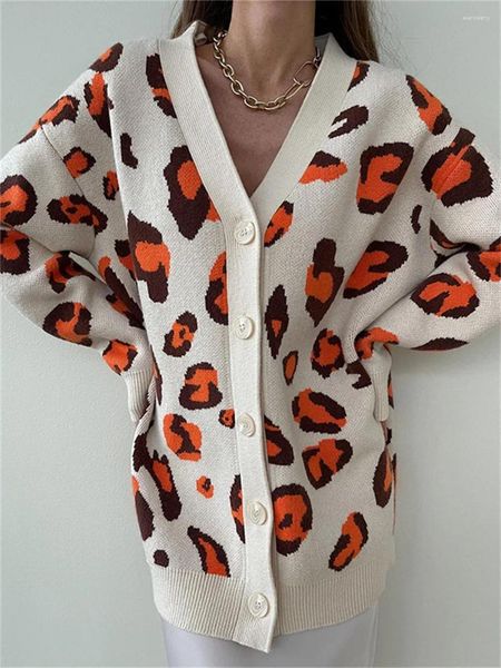 Malhas femininas Wsevypo outono inverno oversized malha leopardo cardigans tops femininos moda casual manga comprida botão para baixo suéteres com decote em v outwear