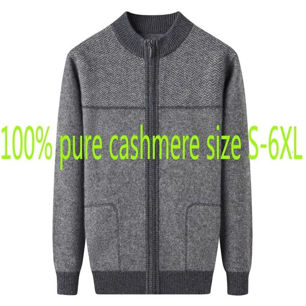 Mens Grande Moda 100% Pure Cashmere Cardigan Homens Mandarim Collar Computador De Malha Grosso Casual Camisola Casaco Plus Size S-6XL 240125