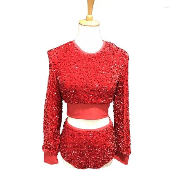 Abbigliamento da palco Costume da ballo jazz Rosso Nero Glitter Paillettes Top Pantaloncini Divisi Set da 2 pezzi Donna DJ Ballerino Cantante di squadra Bar sexy