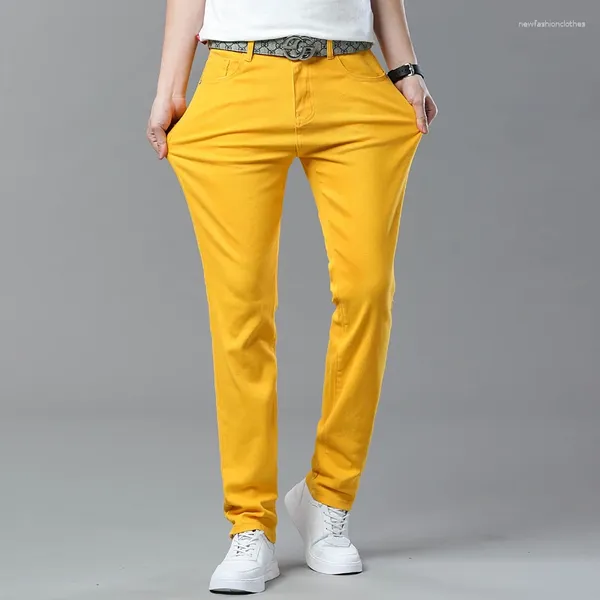 Jeans masculinos design reto moda denim amarelo rosa calças masculinas elásticas slim coreano casual juventude clássicos