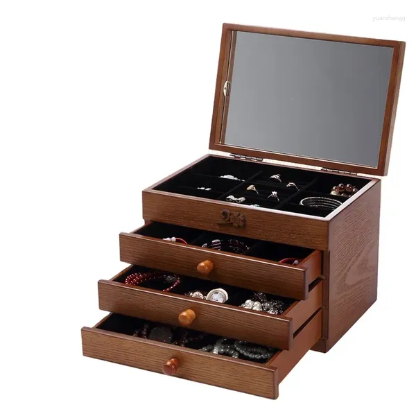 Caixas de armazenamento de madeira grande capacidade compõem jóias organizador 4 gaveta caixa caso