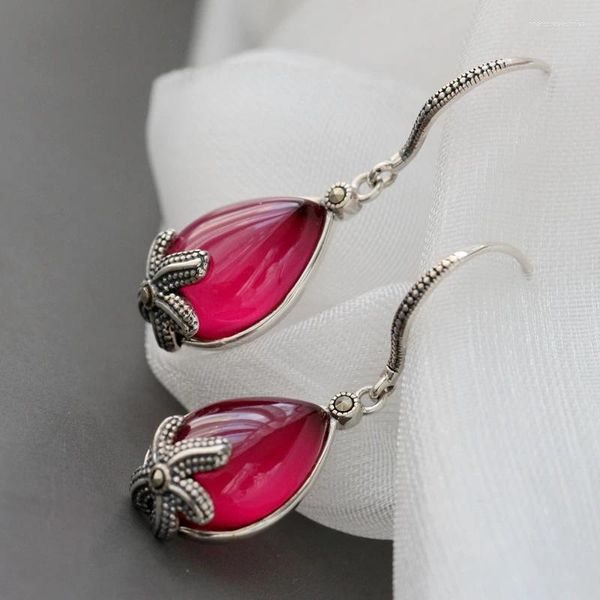 Dangle Küpe 925 STERLING Gümüş Kulak Damı Kakılaşımı Yapay Ruby Ulusal Stil Yaratıcı Küçük Su Dropl Lady Moda Takı Hediyesi