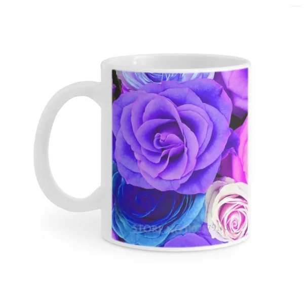 Tazze Rose Colorate Collage-Toni Freddi Tazza Bianca Tè Al Latte Stampa Tazza Da Caffè 11 Oz Rosa Fiori Floreali Natura Blu