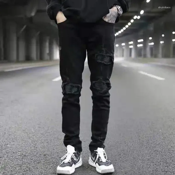 Jeans masculinos 2024 High Street Hole Patch Juventude Moda Preto Motocicleta Pu Couro Slim Fit Patchwork Skinny