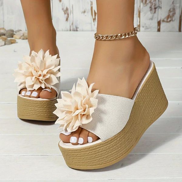 Sandálias femininas moda flor plataforma peep toe deslizamento em salto cunha all-match verão slide