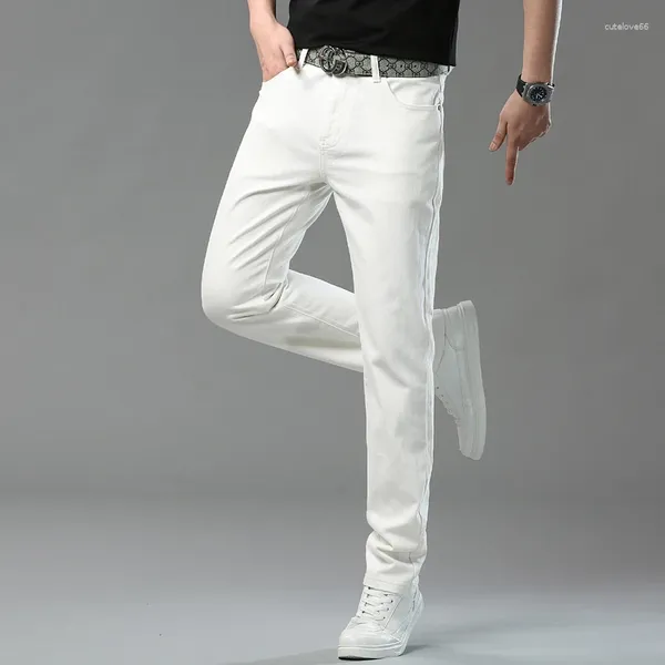 Мужские джинсы, повседневные джинсовые красные, белые, розовые, желтые, модные, прямые, узкие брюки на четыре сезона.