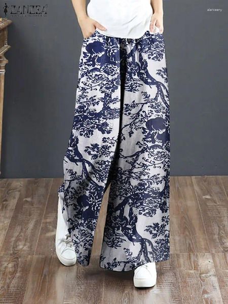 Calças femininas Zanzea outono vintage floral impresso calças compridas mulheres perna larga oversize boêmio algodão pantalon solto harem palazzo