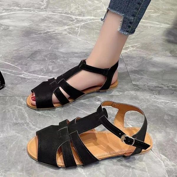 Sandálias Senhoras Sapatos 2024 Tendência Peep Toe Mulheres Plus Size Mulheres Diárias Rodada Fivela Strap Flat com Roma