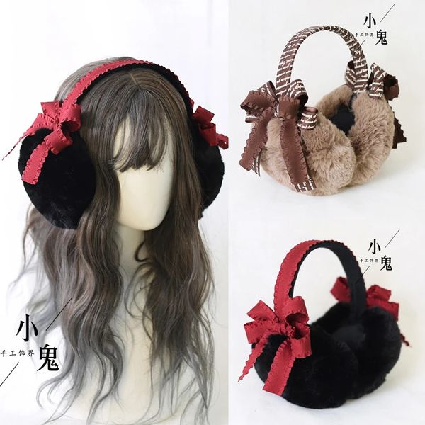 Paraorecchie lolita giapponesi calde donne inverno coreano carino fiocco orecchie spesse appeso borsa per le orecchie240125