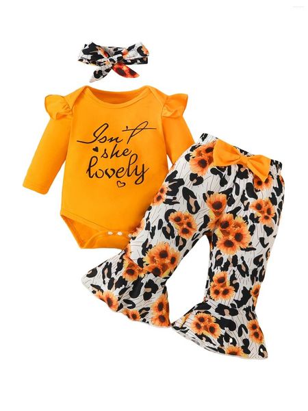 Kleidungsstücke entzückende 3PCs Blumenstrampler Set für geborene Mädchen - LangarmbodySuit -Leopard -Flare -Hosen und passendes Stirnband