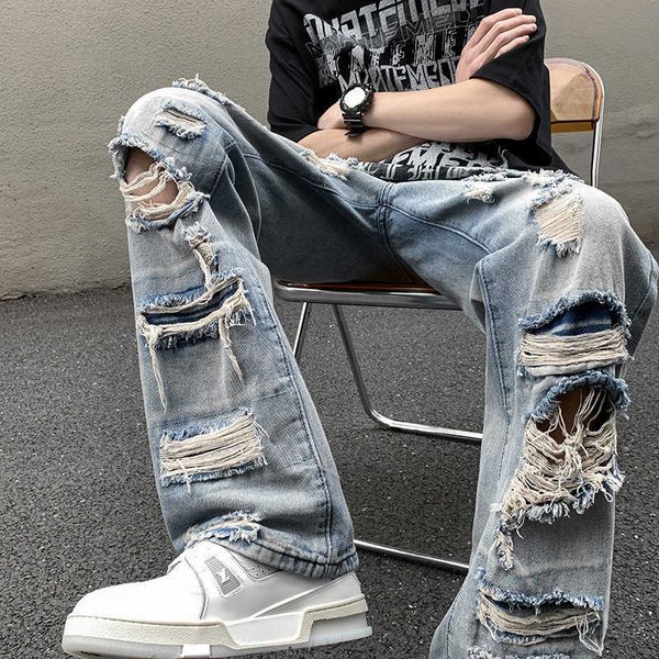 Мужские джинсы, брюки в американском стиле High Street Vibe, красивый винтажный потертый нищий с рюшами для мужчин