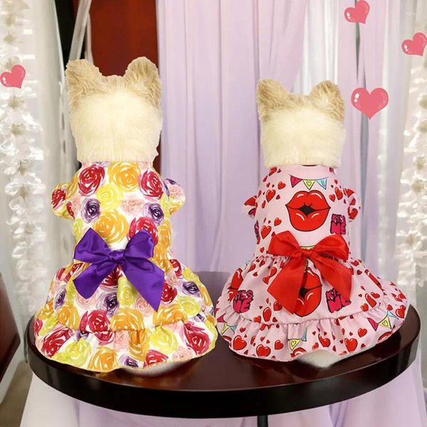 Vestuário de cachorro encantador vestido de animal de estimação princesa arco decoração para gatos cães confortável impressão de desenhos animados filhote de cachorro