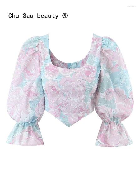 Camicette da donna Dolce e carino Collo quadrato Manica a sbuffo Camicetta corta Donna 2024 Primavera Estate Vintage Slim Vita alta Fata Crop Top Femminile