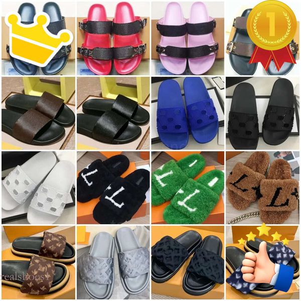 Sandalen Hausschuhe Slides Herren Designer Damen Slider Schuhe Leder Mode Flats Strand Pool Kissen Wolle Pantoletten Riemen Komfort Plattform 4 Jahreszeiten Casual Größe 36-45 36-5