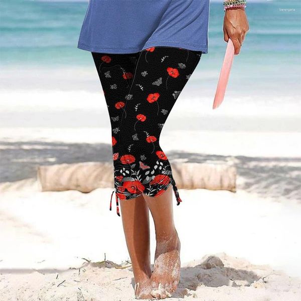 Calças femininas legging mulheres calça praia respirável capri casual cordão fitness cintura alta loungewear leggings estampados