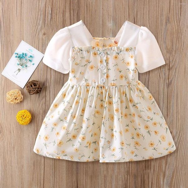 Vestidos infantis de verão para meninas, vestido floral estampado de algodão, manga curta, costura, roupas de princesa para crianças de 0 a 3 anos