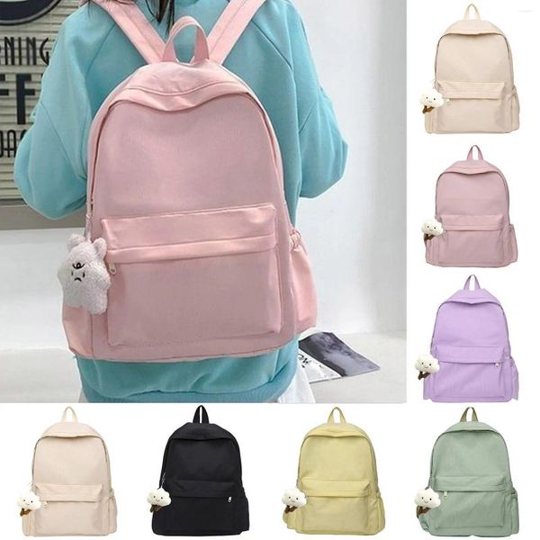 Borse da scuola 2024 Zaino da donna Borsa a tracolla in nylon impermeabile moda Colori caramella Zaino carino Kawaii con ciondolo bambola di peluche