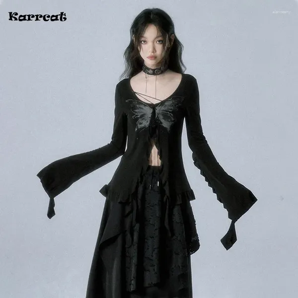 Vestidos de trabalho karrcat grunge estética conjunto de duas peças gótico borboleta impressão irregular camisa maxi saia define vintage fairycore 2 ternos