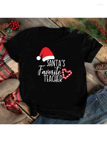 Mulheres Camisetas Santa's Favorite Teacher Imprimir Mulheres T-shirt Natal Santa Chapéu Candy Cane Coração Gráfico Harajuku Xmas Tees