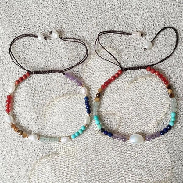 Braccialetti con ciondoli Semplice Perla d'acqua dolce naturale per le donne 7 Chakra Perline di pietra di cristallo Bracciale intrecciato Amicizia Regali di coppia