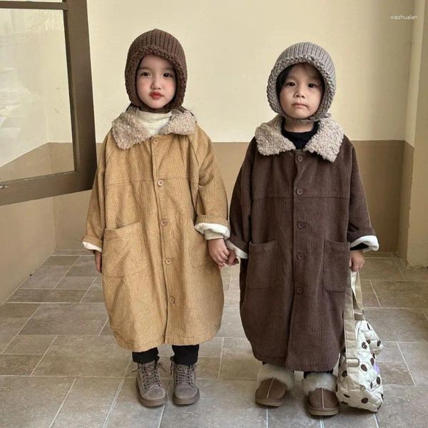 Giacche Cappotto di velluto a coste per bambini Ragazze e ragazzi in pile spesso 2024 Autunno Inverno Casual Semplice Trench caldo per bambini