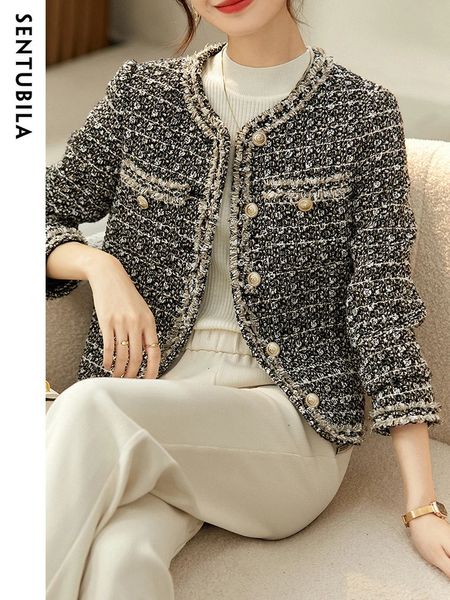 Sentubila vintage elegante textura tweed jaquetas para mulheres outono inverno manga longa único breasted casacos senhoras outwears 240118