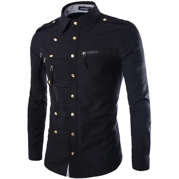 Primavera/outono masculino manga longa camisa de carga casual fino ajuste moda epaulet bolso duplo camisa masculina 240118